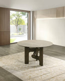 MESA DE COMEDOR TOPE ESTILO MARMOL Y BASE ACABADO DE MADERA