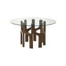 MESA DE COMEDOR TOPE DE VIDRIO TRANSPARENTE Y BASE ACABADO DE MADERA