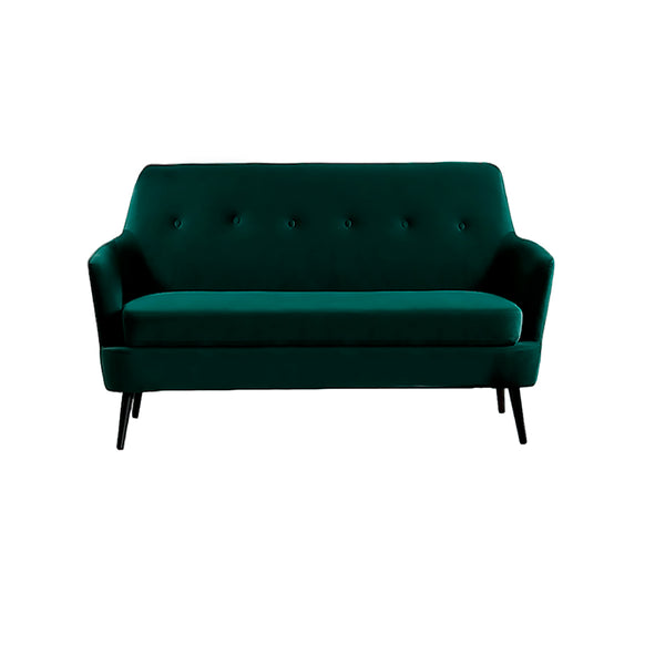 SOFA ESTACIONARIO DE DOS ASIENTOS EN TELA VERDE Y PATAS NEGRAS