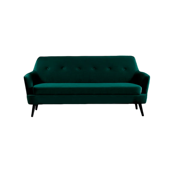 SOFA ESTACIONARIO DE TRES ASIENTOS EN TELA VERDE Y PATAS NEGRAS