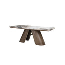 MESA DE COMEDOR TOPE DE MARMOL Y BASE MDF ACABADO DE MADERA
