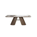 MESA DE COMEDOR TOPE DE MARMOL Y BASE MDF ACABADO DE MADERA