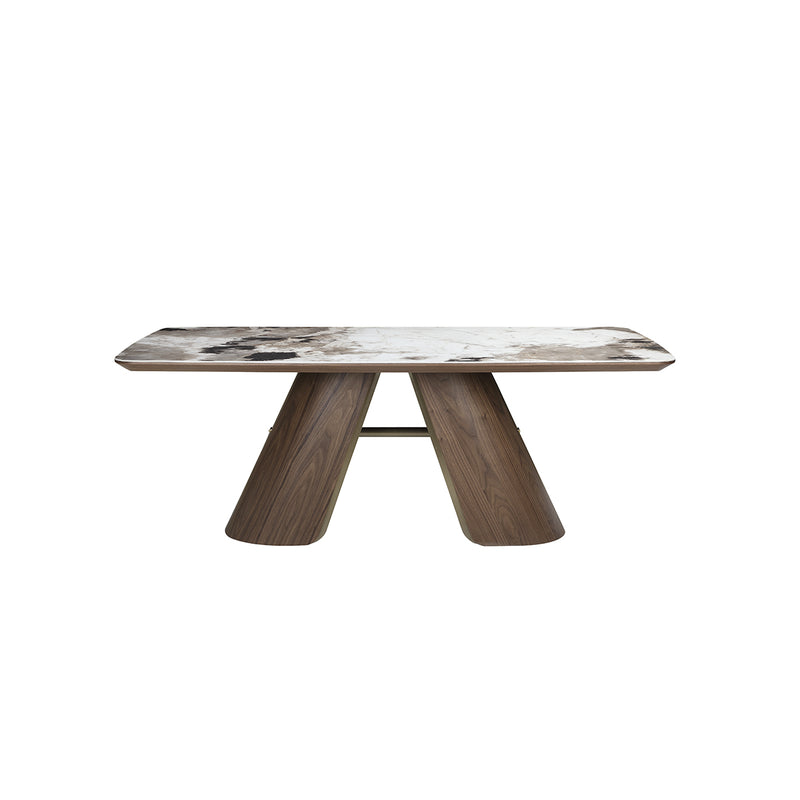 MESA DE COMEDOR DE CERAMICA Y BASE ACABADO EN MADERA