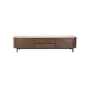 MESA DE TV TOPE DE CERAMICA EFECTO MARMOL BLANQUECINA Y BASE ACABADO EN MADERA