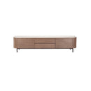 MESA DE TV TOPE DE CERAMICA EFECTO MARMOL BLANQUECINA Y BASE ACABADO EN MADERA