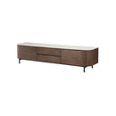 MESA DE TV TOPE DE CERAMICA EFECTO MARMOL BLANQUECINA Y BASE ACABADO EN MADERA
