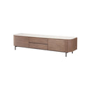 MESA DE TV TOPE DE CERAMICA EFECTO MARMOL BLANQUECINA Y BASE ACABADO EN MADERA
