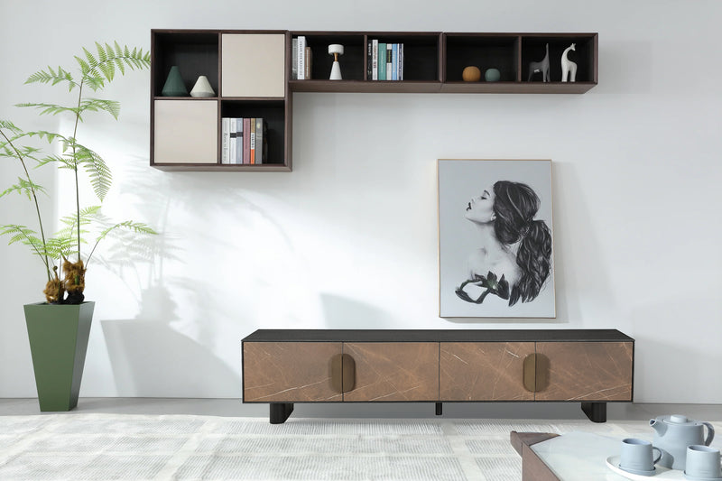MESA DE TV ACABADO DE MADERA NEGRA Y CERAMICA
