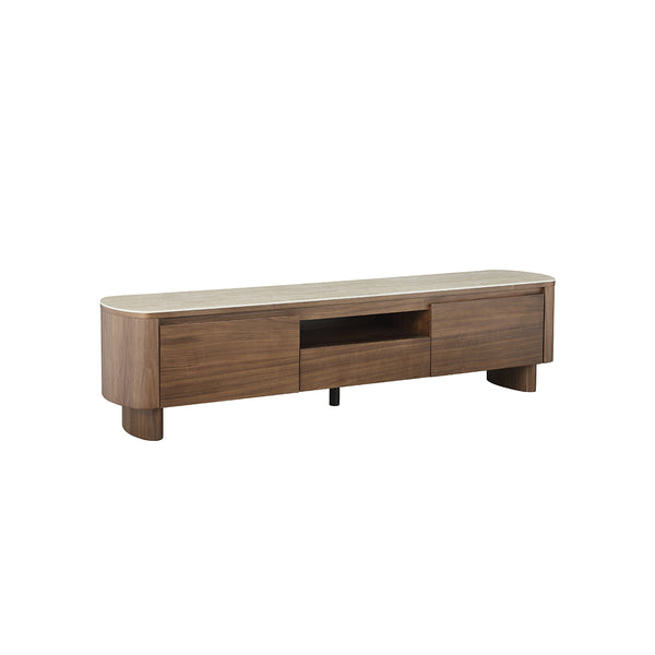 MESA DE TV TOPE MARMOL Y BASE ACABADO DE MADERA