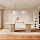 MESA DE COMEDOR CON TOPE DE CRISTAL CREMA Y BASE MDF ESTILO MARMOL