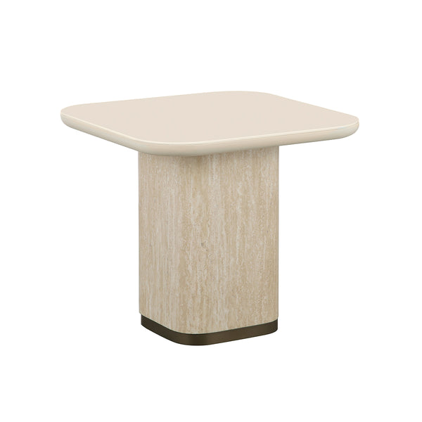 MESA LATERAL TOPE DE CRISTAL CREMA Y BASE MDF ESTILO MARMOL