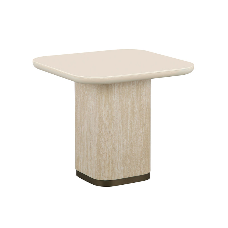MESA LATERAL TOPE DE CRISTAL CREMA Y BASE MDF ESTILO MARMOL