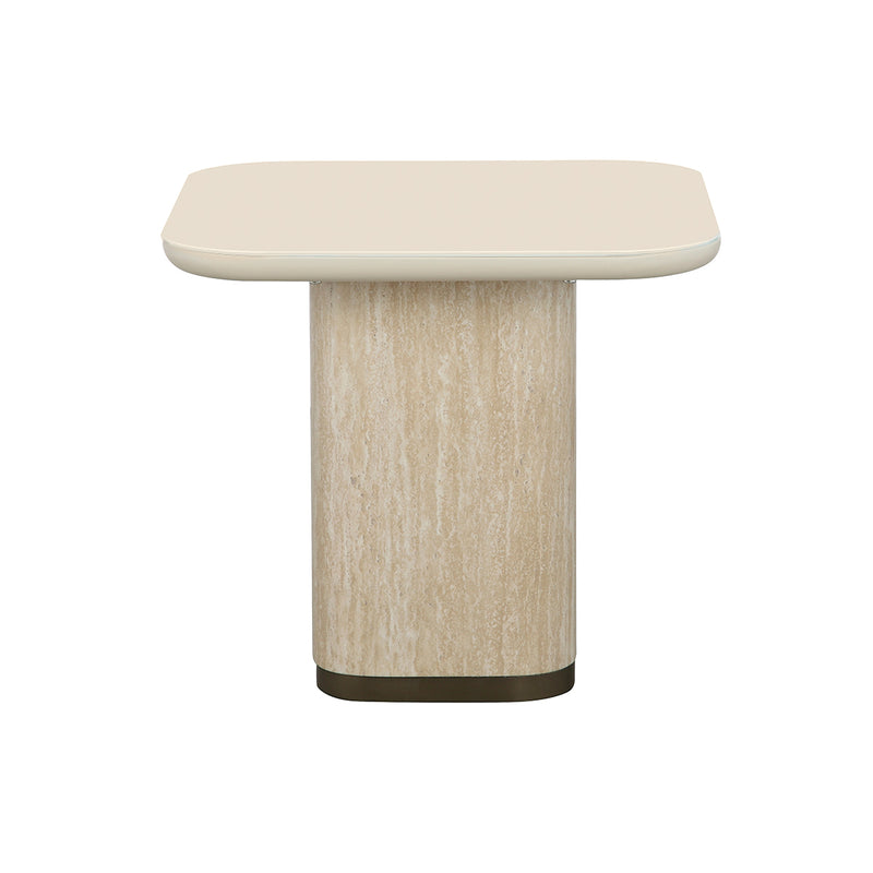 MESA LATERAL TOPE DE CRISTAL CREMA Y BASE MDF ESTILO MARMOL