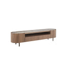 MESA DE TV TOPE ESTILO CERAMICA ACABADO DE MADERA Y PATAS CAFE