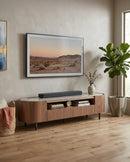 MESA DE TV TOPE ESTILO CERAMICA ACABADO DE MADERA Y PATAS CAFE