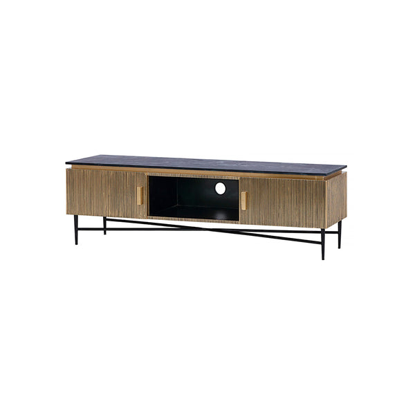 MESA DE TV PROCTOR CON TOPE ESTILO MARMOL Y BASE DORADA