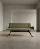 BANCO EN TELA VERDE Y PATAS EN METAL ESTILO MADERA