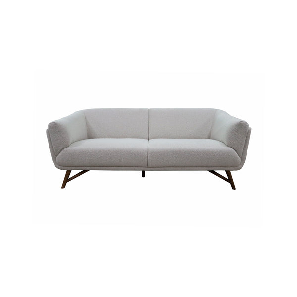 SOFA ESTACIONARIO DE DOS ASIENTOS EN TELA BEIGE CLARO Y PATAS MARRONES