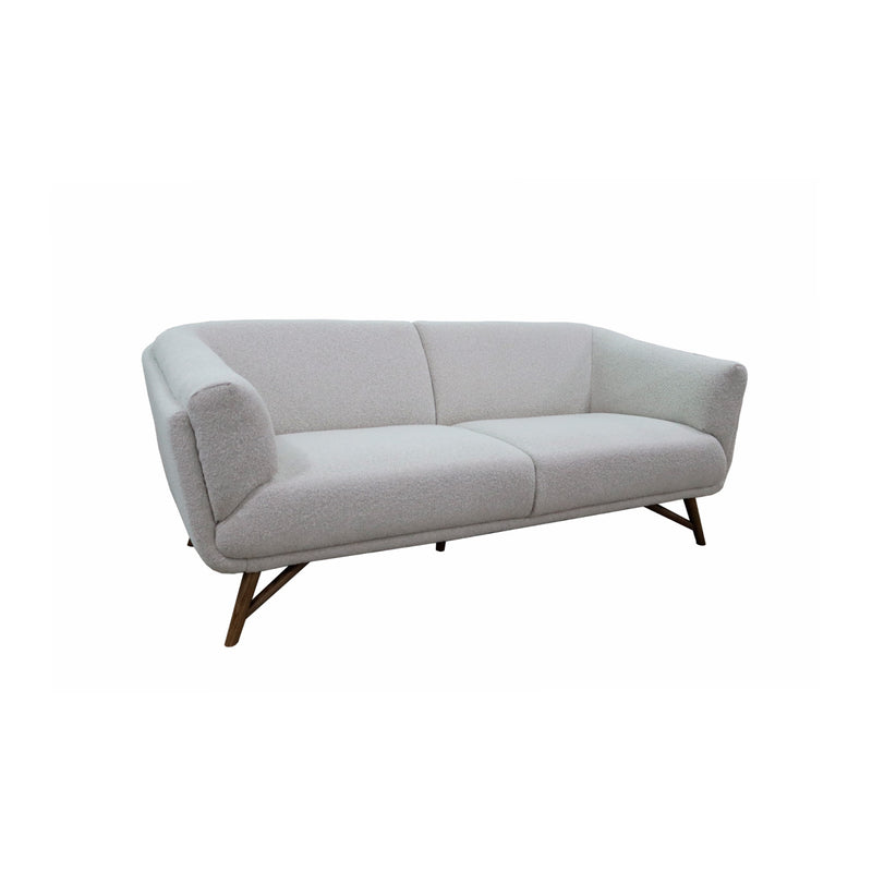 SOFA ESTACIONARIO DE DOS ASIENTOS EN TELA BEIGE CLARO Y PATAS MARRONES