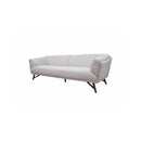 SOFA ESTACIONARIO DE TRES ASIENTOS EN TELA BEIGE CLARO Y PATAS MARRONES