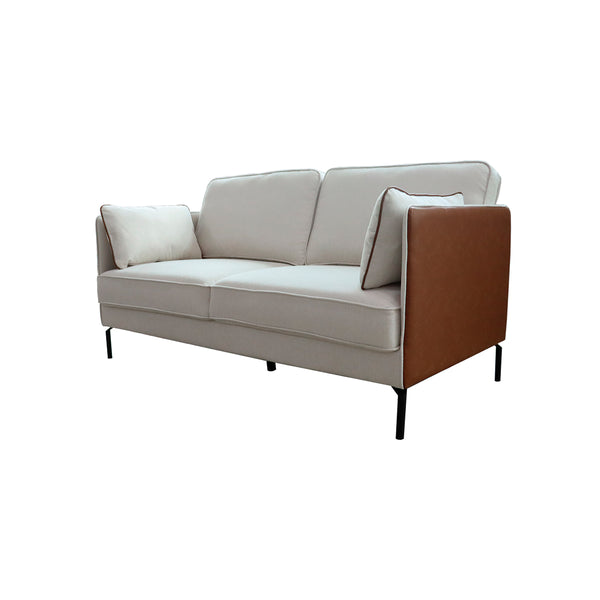 SOFA ESTACIONARIO DE DOS ASIENTOS EN TELA BEIGE Y PU CAMEL