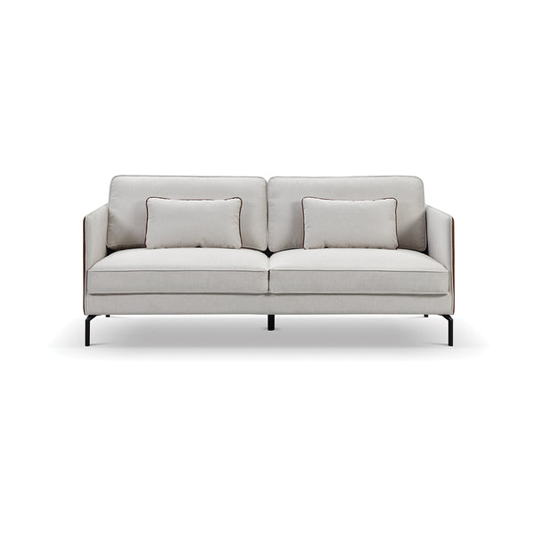 SOFA ESTACIONARIO DE TRES ASIENTOS EN TELA BEIGE Y PU CAMEL