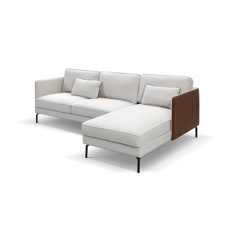 SOFA SECCIONAL ESTACIONARIO DERECHO EN TELA BEIGE Y PU CAMEL