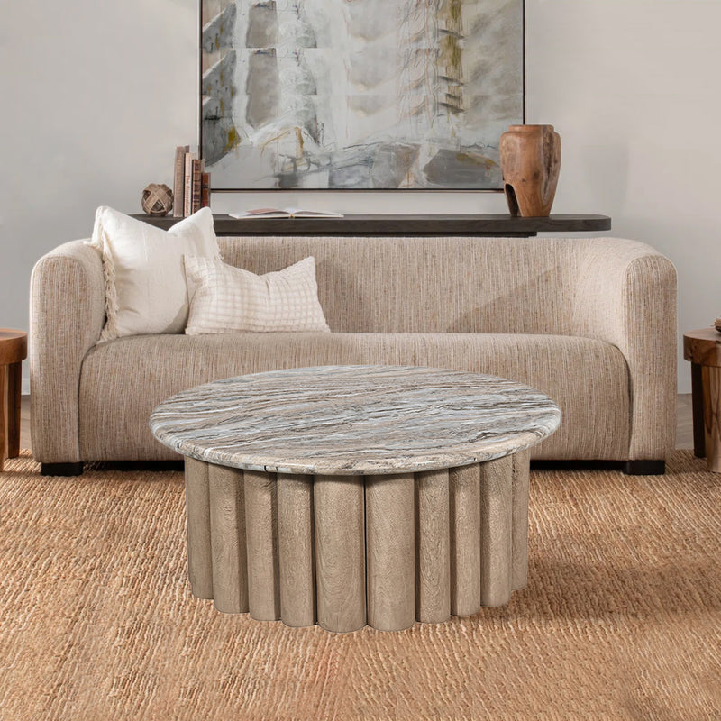 MESA DE CENTRO DE TOPE DE MARMOL Y BASE ACABADO DE MADERA