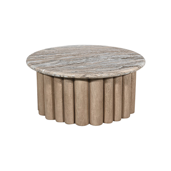 MESA DE CENTRO DE TOPE DE MARMOL Y BASE ACABADO DE MADERA