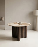 MESA DE COMEDOR TOPE ESTILO MARMOL Y BASE ACABADO DE MADERA