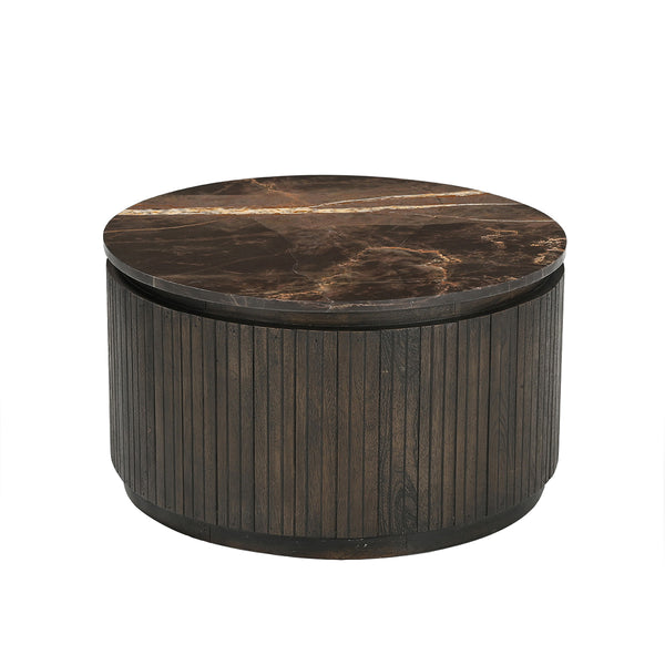 MESA DE CENTRO CON TOPE DE MARMOL Y BASE ACABADO DE MADERA