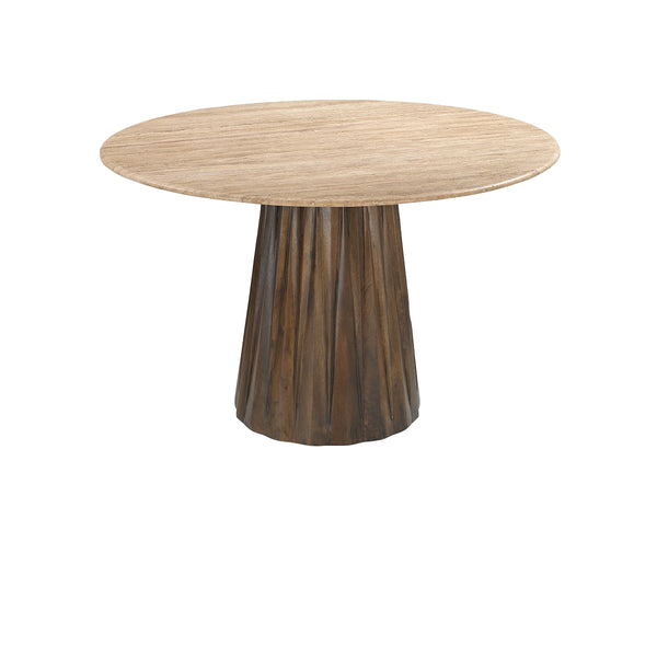 MESA DE COMEDOR EN TOPE DE MARMOL Y ACABADO MADERA MARRON