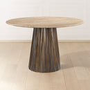 MESA DE COMEDOR EN TOPE DE MARMOL Y ACABADO MADERA MARRON