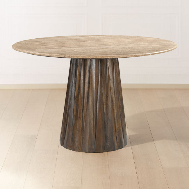 MESA DE COMEDOR EN TOPE DE MARMOL Y ACABADO MADERA MARRON