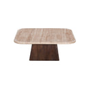 MESA DE CENTRO CON TOPE DE MARMOL Y BASE DE MADERA MARRON