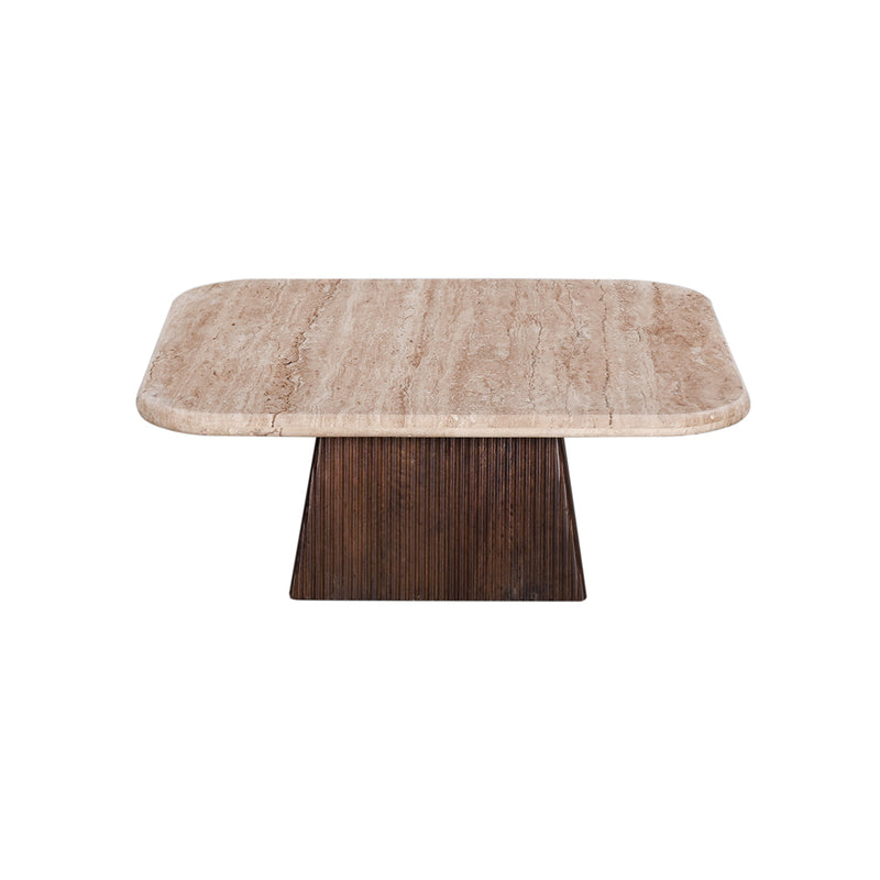 MESA DE CENTRO CON TOPE DE MARMOL Y BASE DE MADERA MARRON