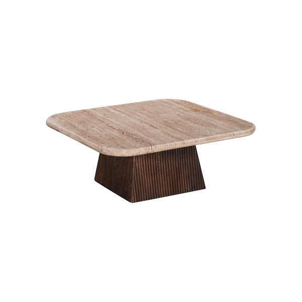 MESA DE CENTRO CON TOPE DE MARMOL Y BASE DE MADERA MARRON