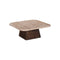 MESA DE CENTRO CON TOPE DE MARMOL Y BASE DE MADERA MARRON