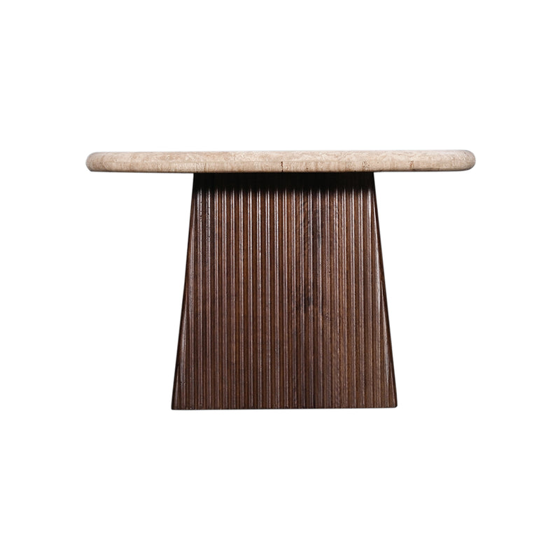 MESA LATERAL CON TOPE DE MARMOL Y BASE DE MADERA MARRON