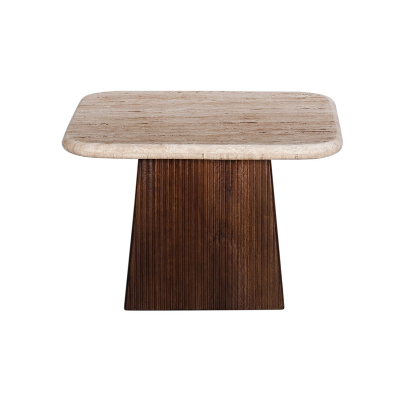 MESA LATERAL CON TOPE DE MARMOL Y BASE DE MADERA MARRON