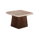 MESA LATERAL CON TOPE DE MARMOL Y BASE DE MADERA MARRON