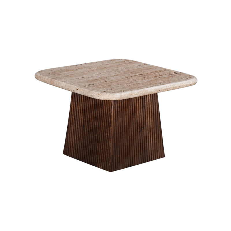 MESA LATERAL CON TOPE DE MARMOL Y BASE DE MADERA MARRON