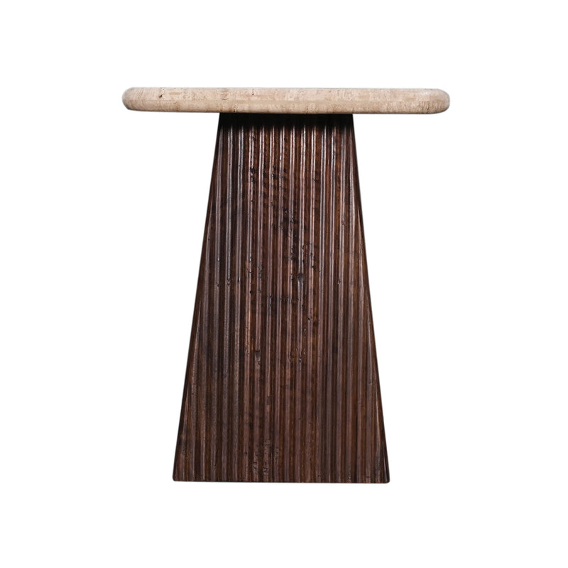 MESA LATERAL CON TOPE DE MARMOL Y BASE DE MADERA MARRON