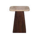 MESA LATERAL CON TOPE DE MARMOL Y BASE DE MADERA MARRON