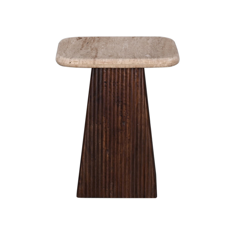 MESA LATERAL CON TOPE DE MARMOL Y BASE DE MADERA MARRON