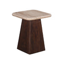 MESA LATERAL CON TOPE DE MARMOL Y BASE DE MADERA MARRON