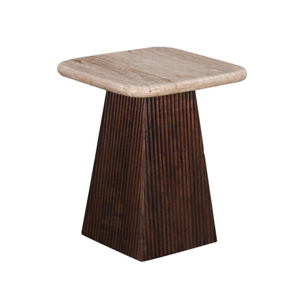 MESA LATERAL CON TOPE DE MARMOL Y BASE DE MADERA MARRON