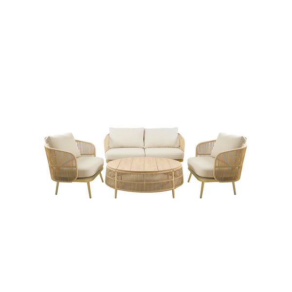 SET DE EXTERIOR EN ESTILO RATAN Y TELA CREMA