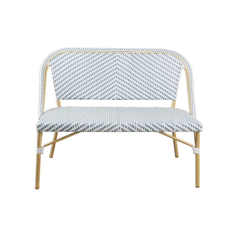 SOFA DE EXTERIOR DE DOS ASIENTOS ESTILO RATAN BLANCO CON AZUL