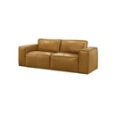 SOFA ESTACIONARIO DE DOS ASIENTOS CON FRENTE DE PIEL CAMEL